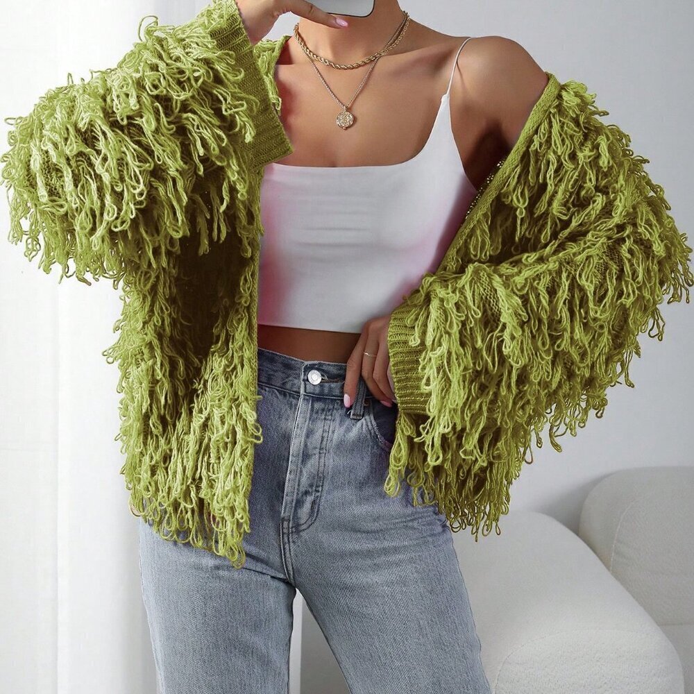 Olive Green Casual Women's Open Front fringe knit sweater Cardigan